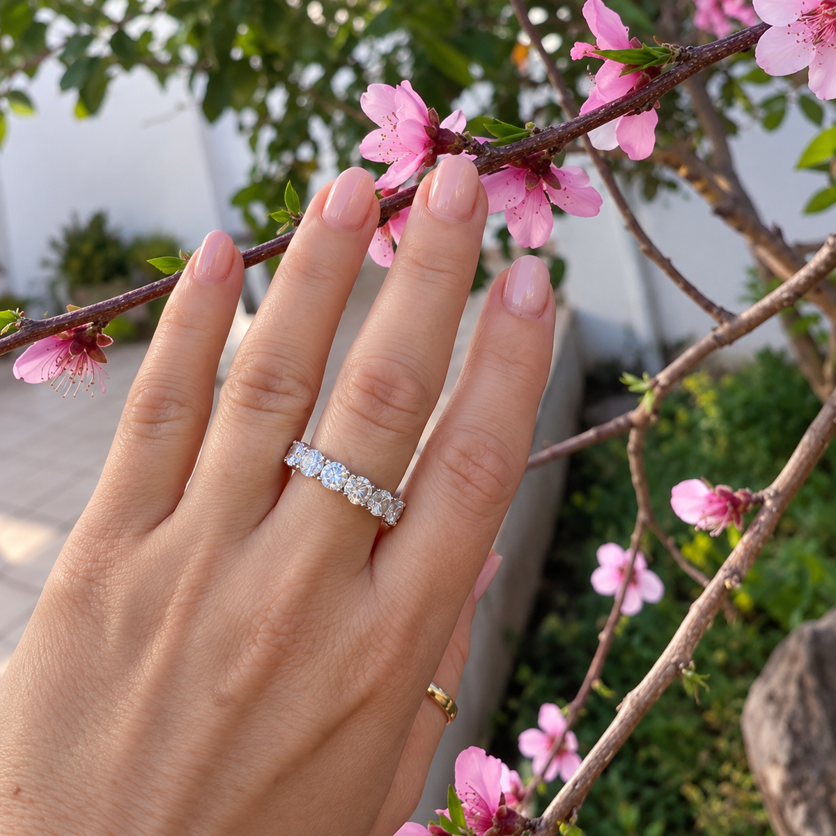 Anello Veretta Argento 925 Pietre Bianche 5 mm