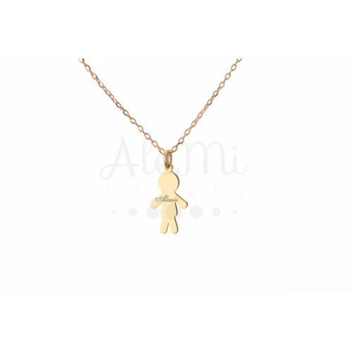 Collana con ciondolo a forma di bimbo maschio personalizzabile in oro rosa, elegante e delicata.